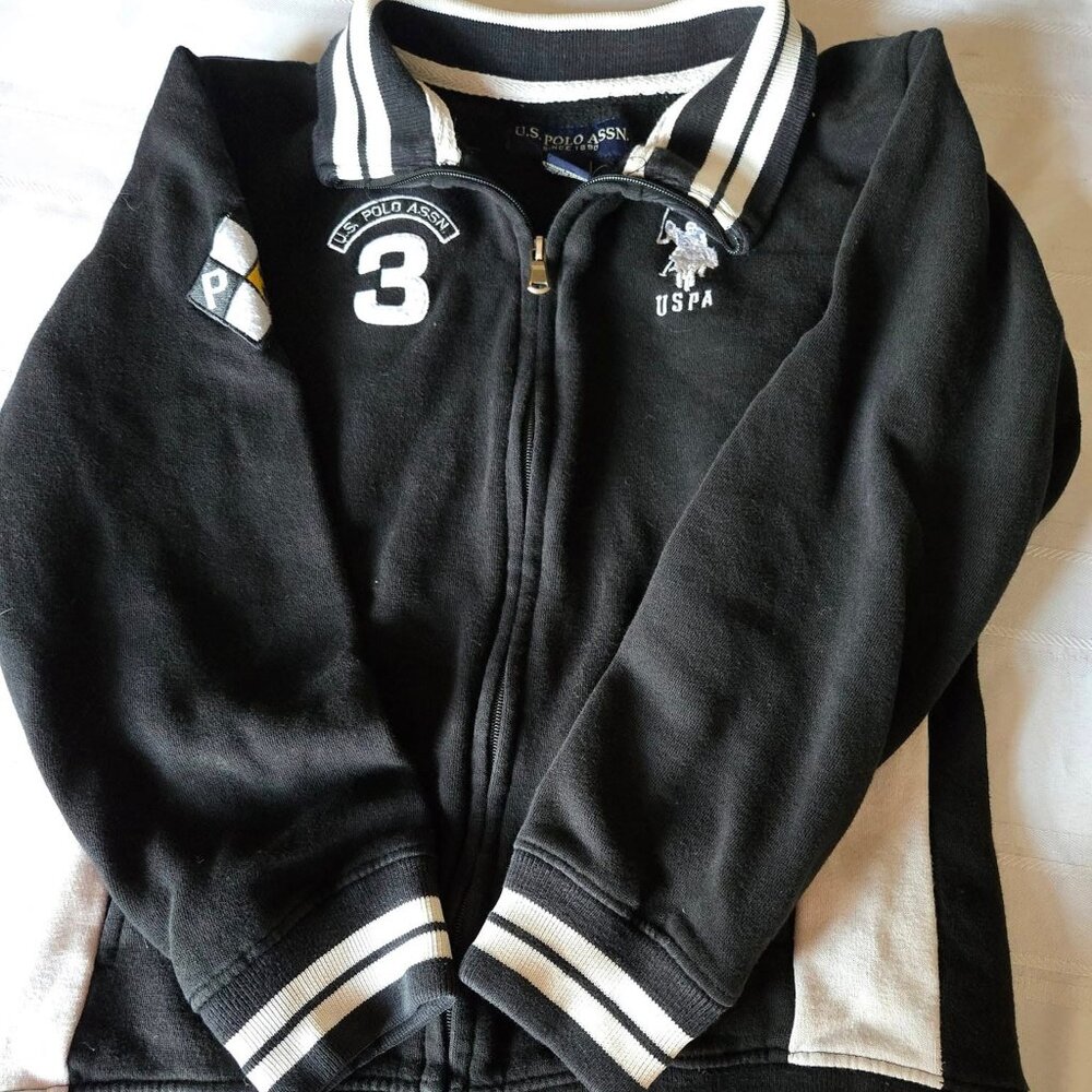 Boys Size 10/12  U.S. Polo  Black & White Full Zip Logo Jacket